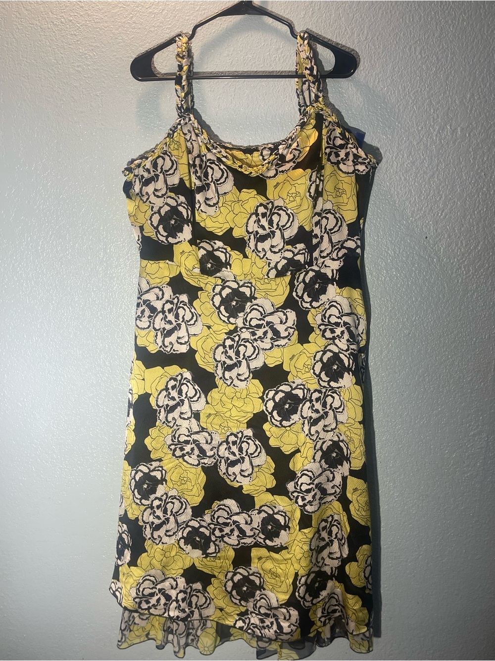 Yellow Floral Mini Slip Dress with Ruffled Straps